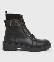 New Look Black Buckle Lace Up Chunky Biker Boots